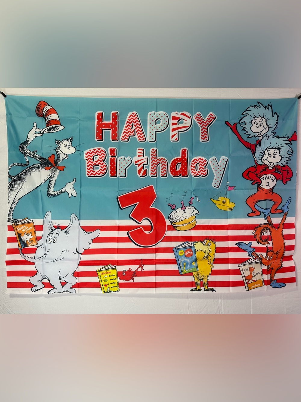 Dr. Seuss’s Cat In The Hat Happy 3rd Birthday Backdrop Banner 5x3Ft.